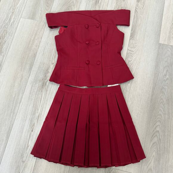 Commense Elegant Minimalist Deep Red Cold Shoulder Blazer Pleated Skirt Set M - Picture 2 of 7
